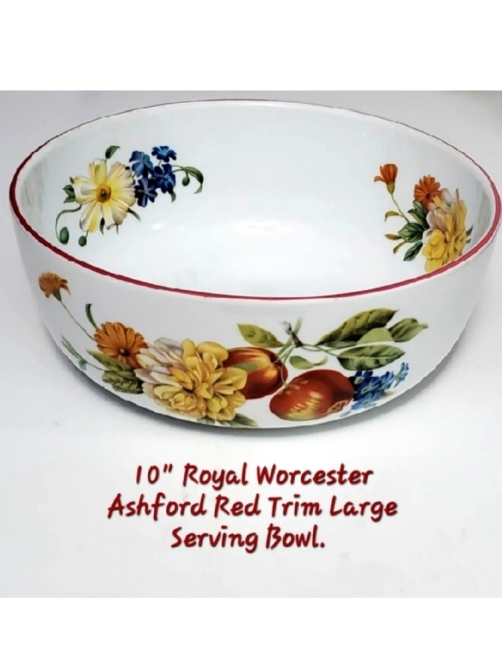 10" Royal Worcester "Ashford" Red Trim Large Floral Fruit Serving Bowl